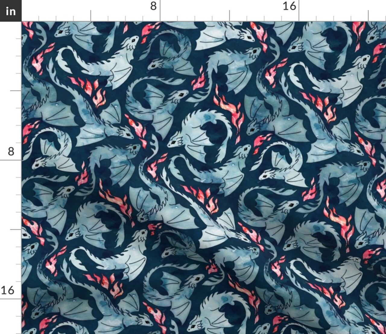 Dragon Fire Dark Blue Small Fantasy Watercolor Scarlet Flying Custom Printed Fabric by Spoonflower Various Fabrics by the Yard or Fat Quarter